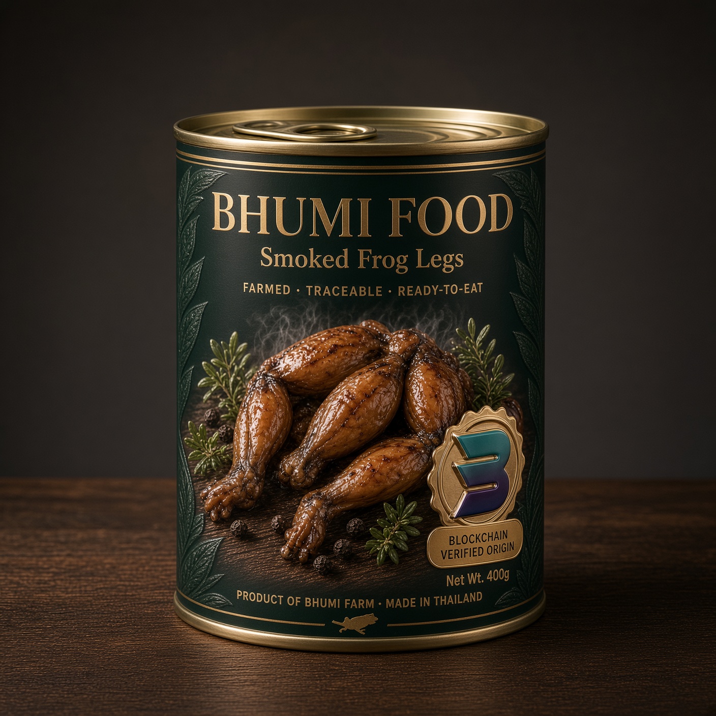 Bhumi Food smoked frog legs, canned, 400g, concept mockup