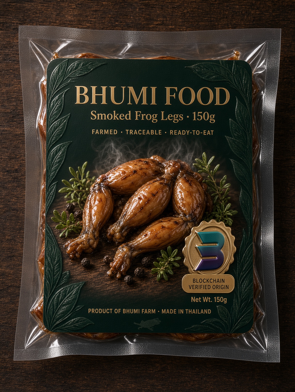 Bhumi Food smoked frog legs, vacuum-packed, 150g, concept mockup