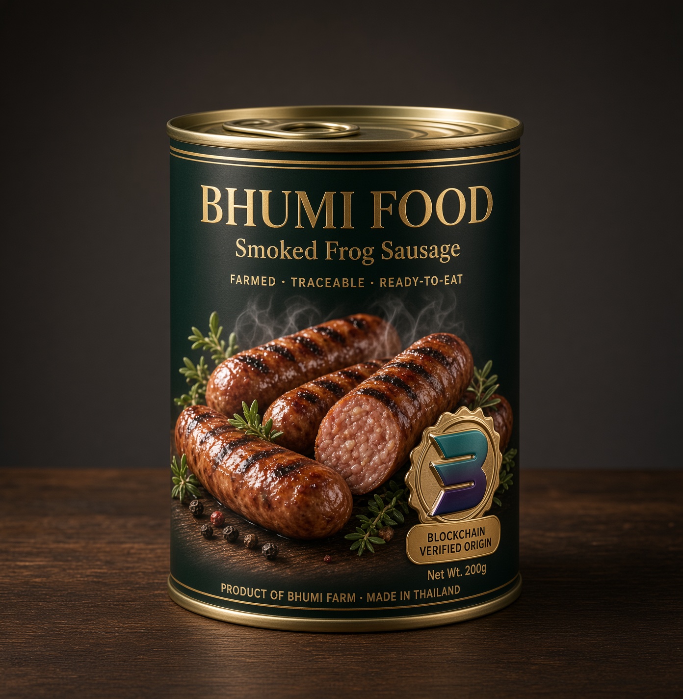 Bhumi Food smoked frog sausage, canned, 200g, concept mockup