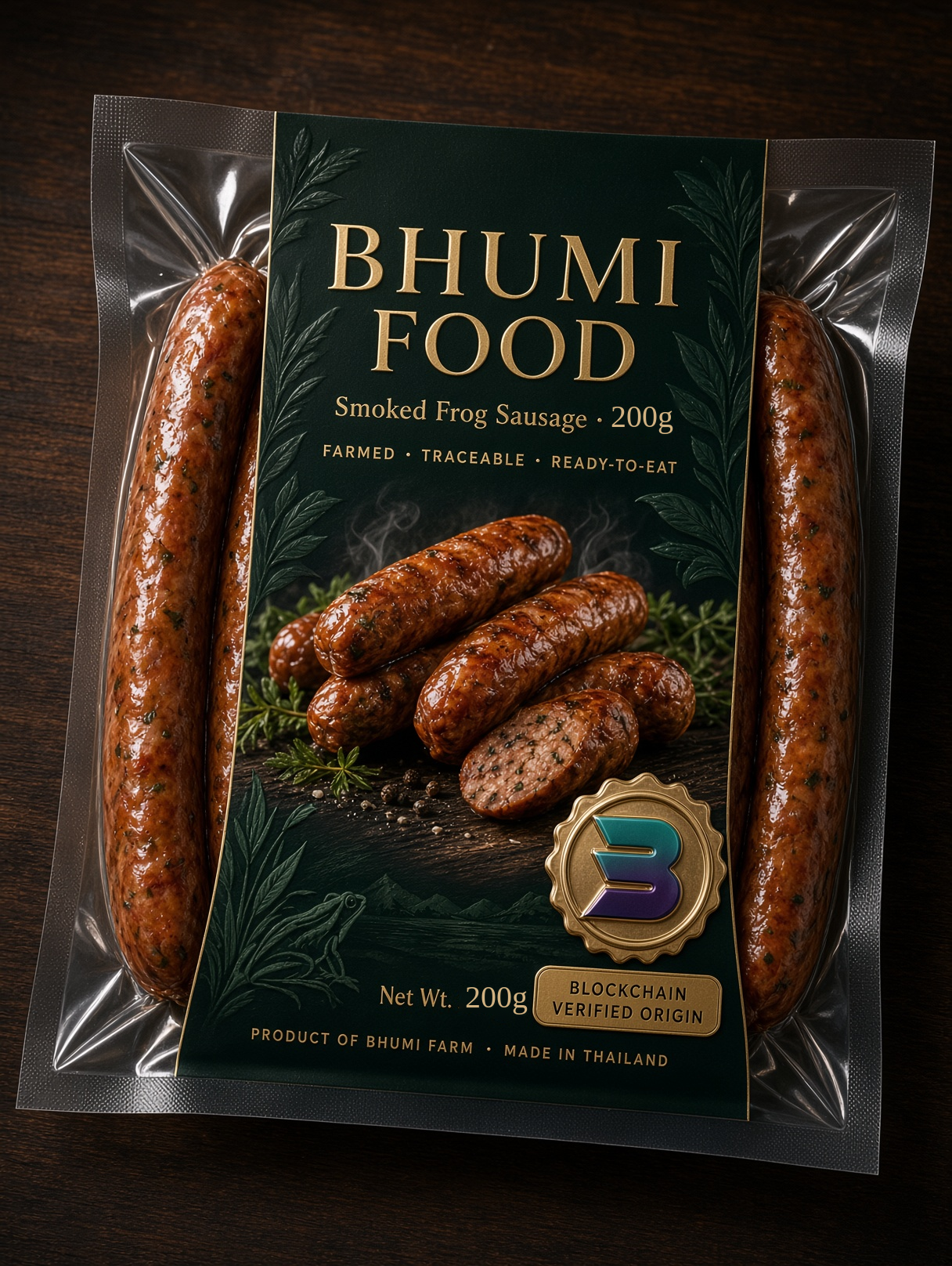 Bhumi Food smoked frog sausage, vacuum-packed, 200g, concept mockup
