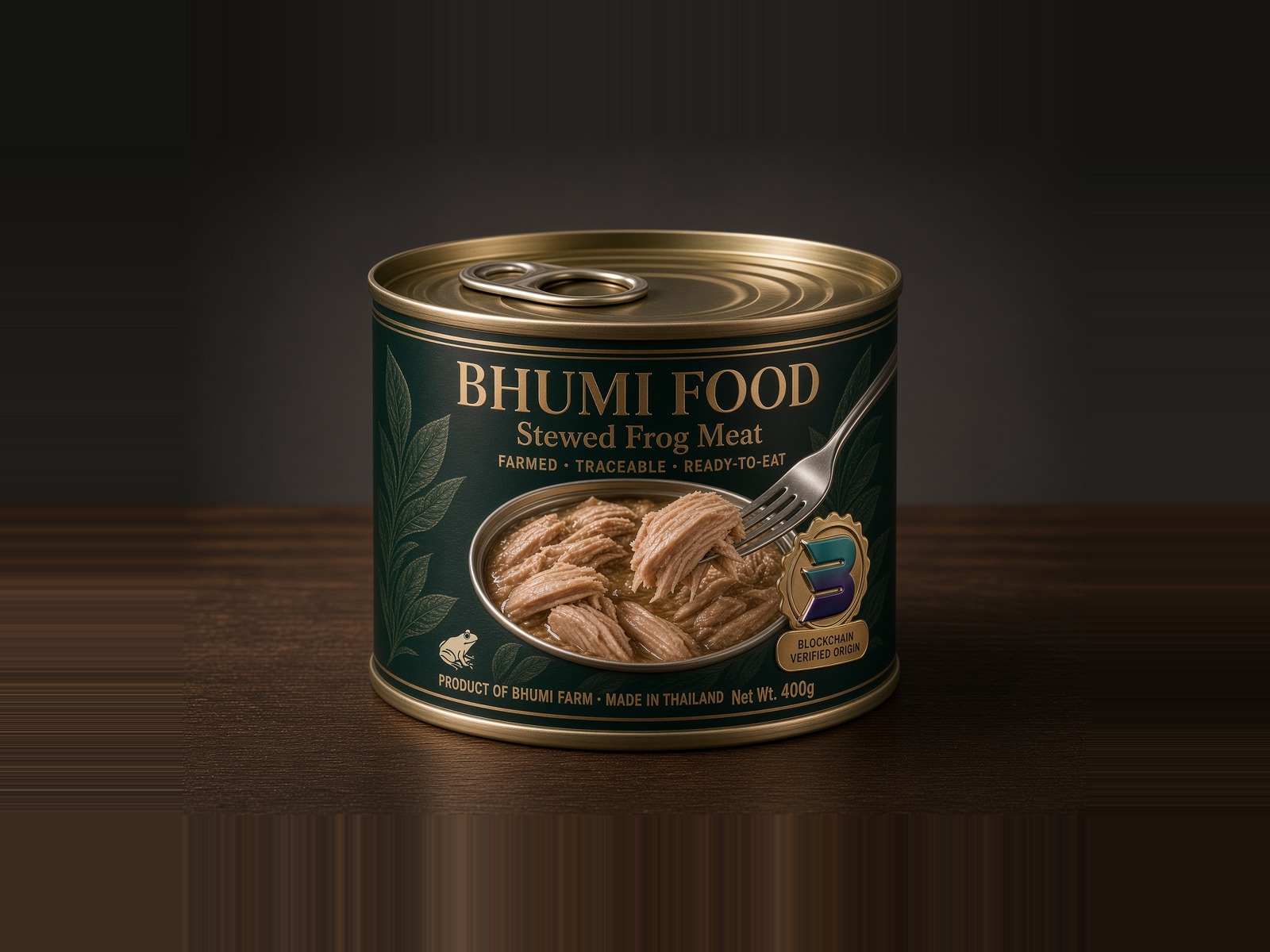 Bhumi Food stewed frog meat, canned, 400g, concept mockup