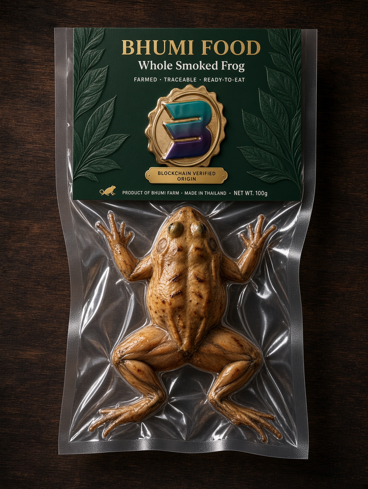 Bhumi Food whole smoked frog, vacuum-packed, concept mockup
