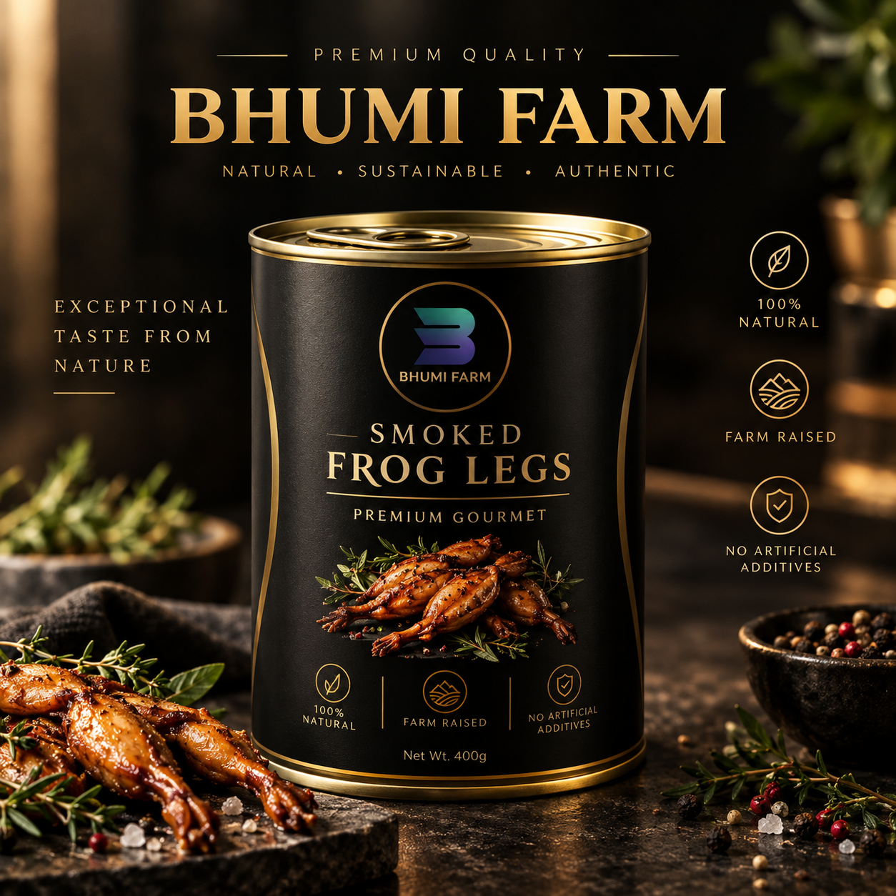 Bhumi Farm premium gourmet smoked frog legs, canned