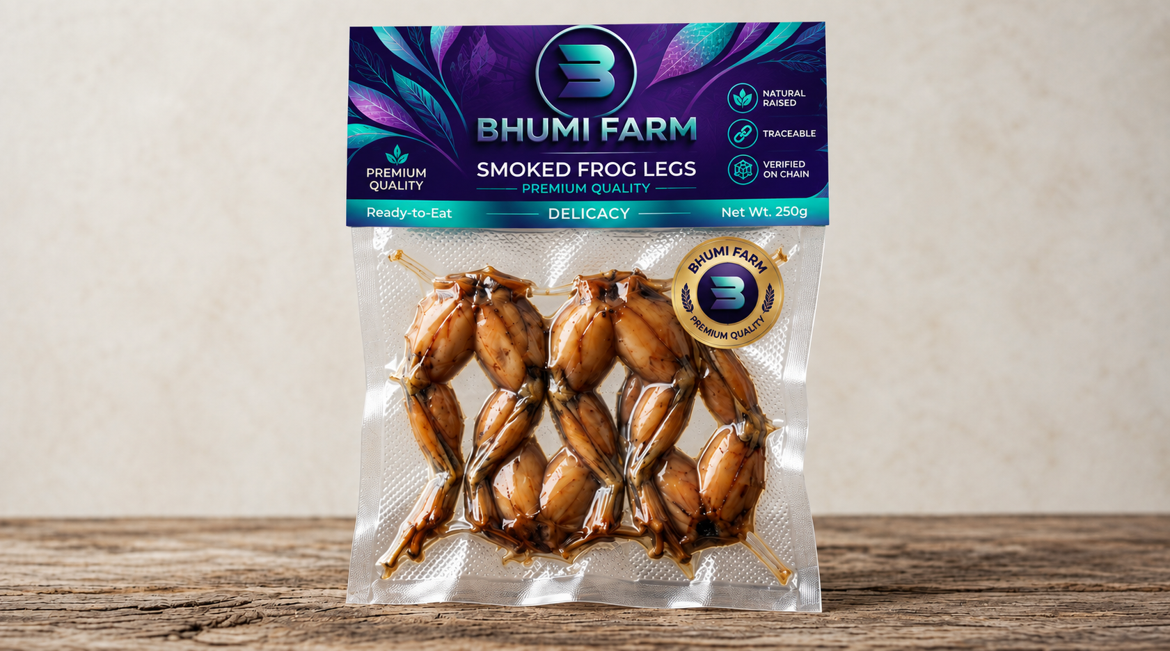 Bhumi Farm smoked frog legs, vacuum-packed