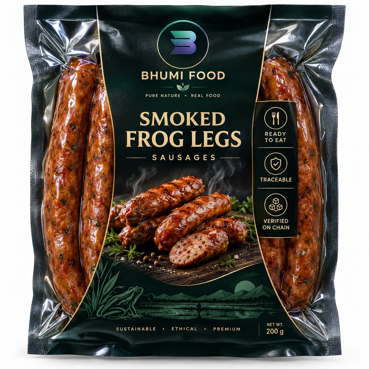 Bhumi Food smoked frog sausages